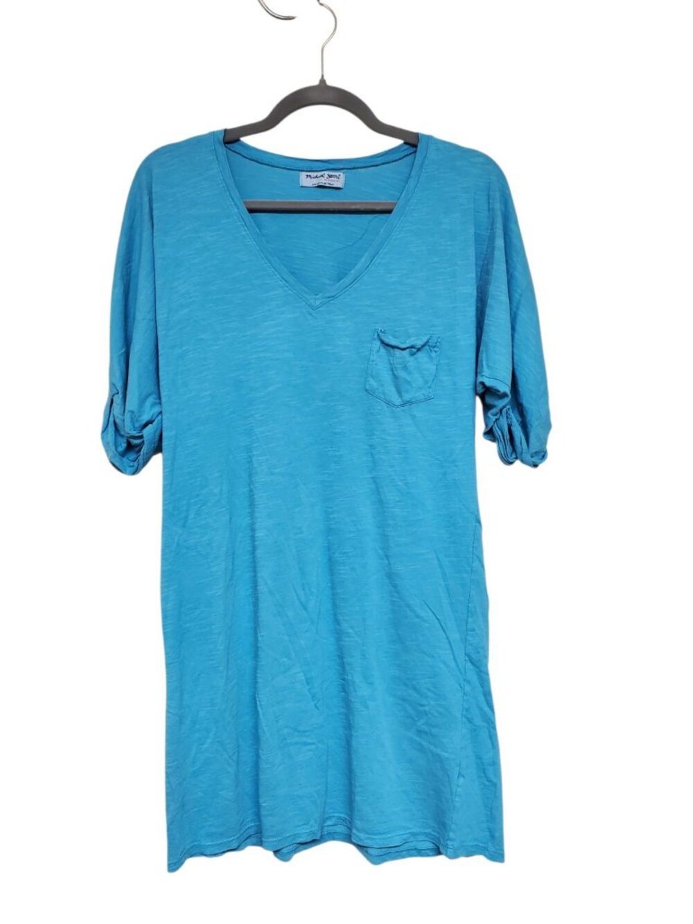 Michael Stars Women's Turquoise Roll Sleeve Pocket T-Shirt Dress One Size
